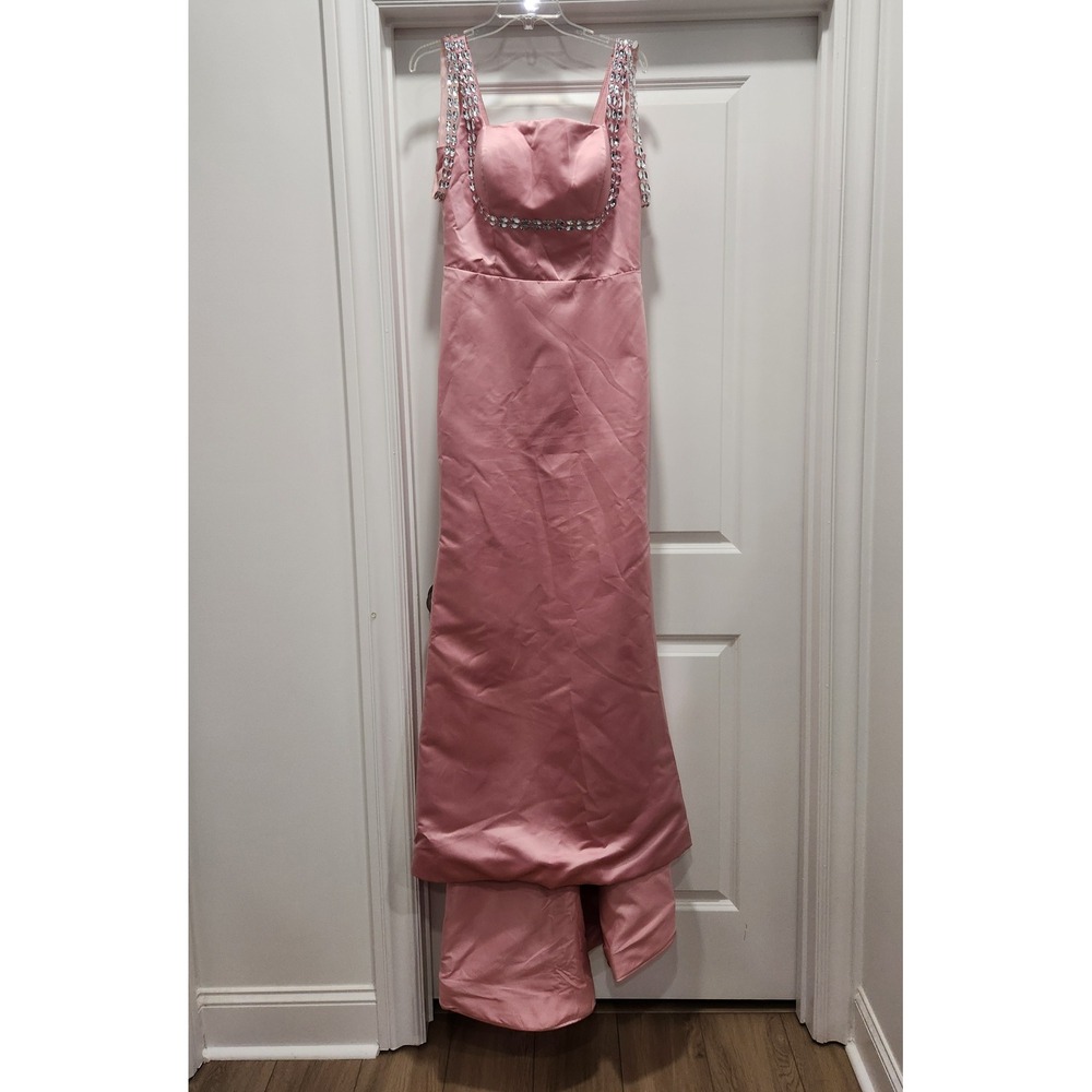 Missacc Pink Satin Rhinestone Evening Formal Gown Prom Wedding‎ Guest Dress NEW